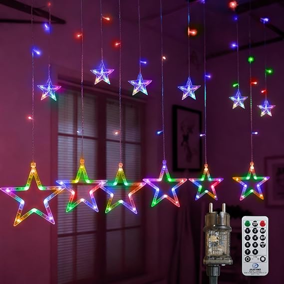 LED Lichterkette Lichtervorhang 3M 12 Sterne 138 LEDs Sternenvorhang Strom mit Merkfunktion Timer Fernbedienung 8 Modi Für Innen Außen Weihnachten Party Hochzeit Garten Balkon Deko Bunt [Energieklasse A]