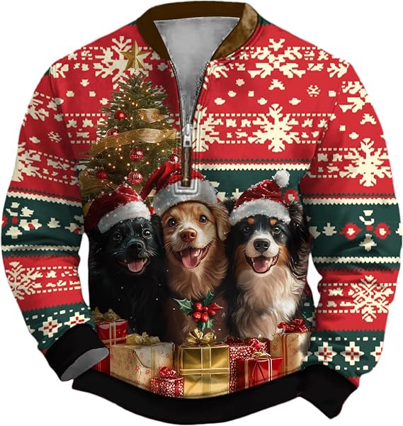 Mens Ugliest Christmas Sweatshirt 3D Cute Dog Graphic 1/4 Zipper Pullover Shirt