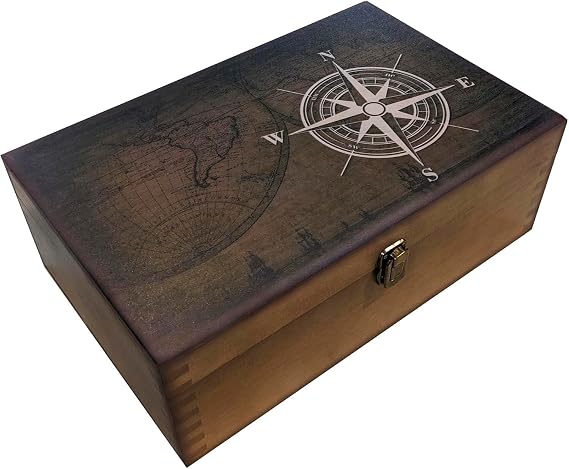Navigators Compass Design Wooden Keepsake Box, Large Memory Box for Keepsakes, Decorative Storage Box for Memories, Jewelry, Photos, Memorial Boxes for Men & Women
