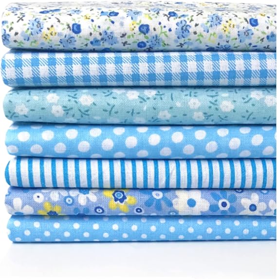 7pcs 50 x 50cm Cotton Fabric DIY Making Supplies Craft Patchwork Fabric Bundle Fat Quarter Pre-Cut Quilt Squares for DIY Sewing Scrapbooking Light Blue