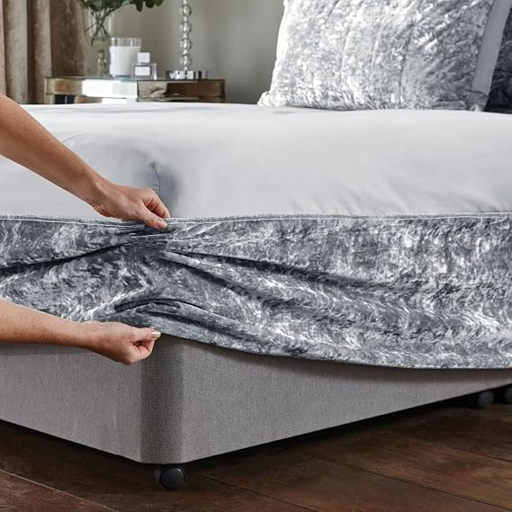 Crushed Velvet Bed Base Wrap Valance – Luxury Elasticated Fitted Divan Sheet Cover – Soft Silver Grey Frame Wrap for Single, Double, King & Super King Size Beds (King)