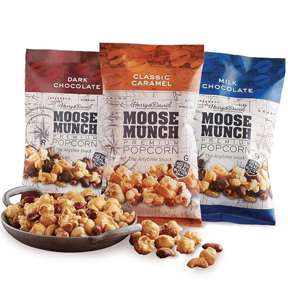Moose Munch Premium Popcorn Trio By Harry & David, Classic Caramel, Milk And Dark Chocolate (3-Pack), Popcorn Gift Basket, Variety Pack, Movie Night Snacks