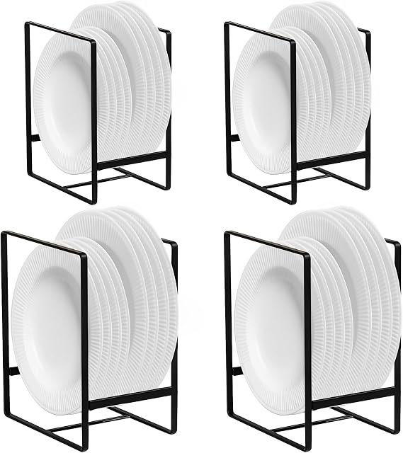 Metal Plate Rack Organiser 4 Pack - Vertical Dish Storage Holder for Kitchen Cupboard Countertop Cabinet, Rustproof Plate Drying Stand for Plates Bowls Lids, Black (2 Sizes Included)