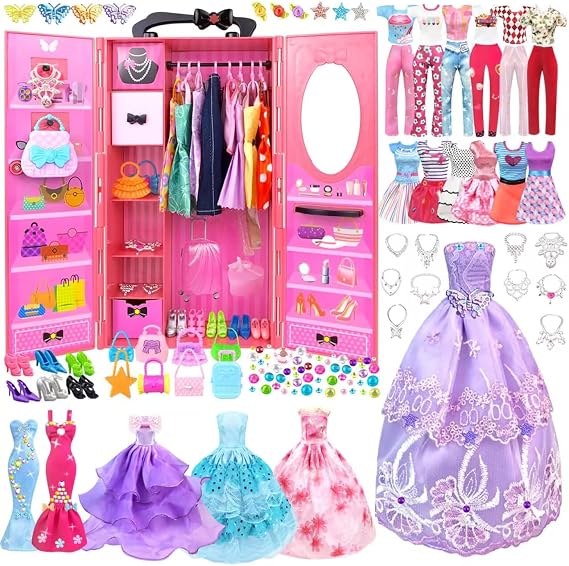 VLUSSO Doll Clothes and Accessories with Closet for 11.5 Inch Doll Fashion Design Set Girl Doll Dress Up Including Wedding Dress Tops and Pants Outfits Shoes Bags Necklaces Toys Gifts for Girls