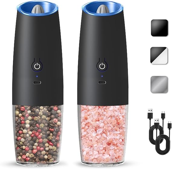 Rechargeable Gravity Salt Pepper Grinder Set, 2 Pack (Black) | Gravity Automatic Grinder With LED Light & Adjustable Roughness, Rechargeable Seasoning Tool For Kitchen Use