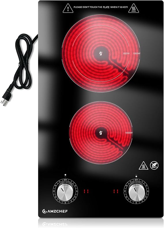 AMZCHEF 12Inch 2 Burner Electric Cooktop, 1800W/11Levels 2 Burners Stove Top With Knob Control Countertop & Built-in Radiant Electric Stove with Residual Heat Indicator | 2 burners: 1000W + 800W, 11 power levels. ,Built-in/Countertop, Residual heat indicator. Works with all cookware