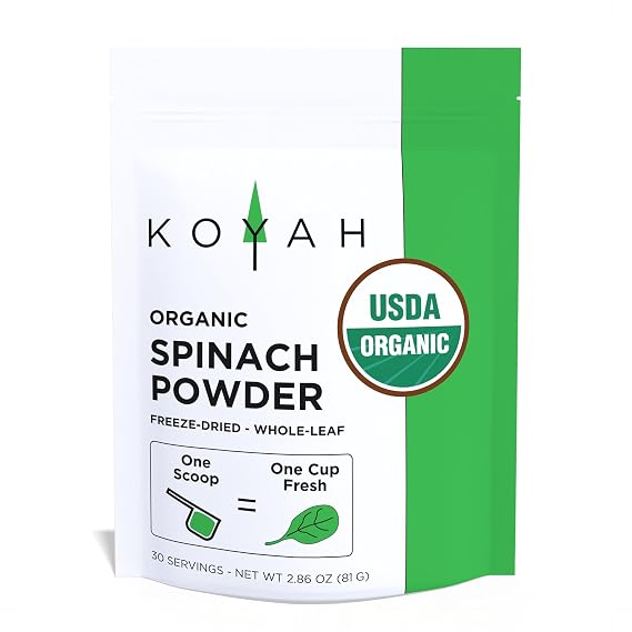 KOYAH - Organic Spinach Powder, Freeze-dried: 30 Servings | USA Grown, 1 Scoop = 1 Cup Fresh, Whole-Leaf Powder, 100% Pure, No Additives