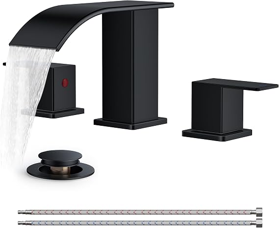 FORIOUS Bathroom Faucet Matte Black Waterfall 3 Hole 8 Inch Widespread | Square Bathroom Sink Faucet with Pop-up Drain and 24" Supply Lines, Lead-Free SUS304, Two Handles for Vanity RV Farmhouse