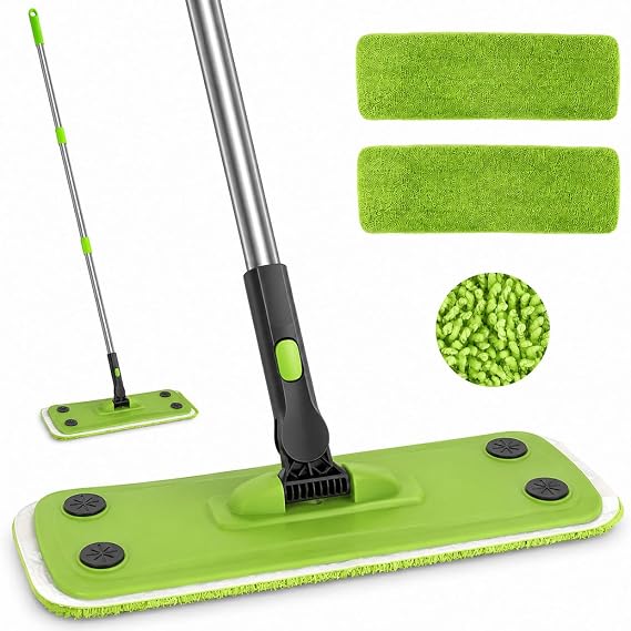 Green Flat Mop, 16-Inch Dry Mop with Long Handle for Floor Cleaning | Easy to Use with 2 Washable Microfiber Pads, Adjustable Extension and 180 Swivel Head for Wood, Tile, Marble, and Laminate