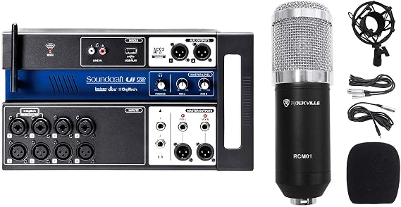 Soundcraft Ui12 12 Input Digital Mixer w/WifiwithApp ControlwithRecording Ui 12 Bundle with Rockville RCM01 Pro Studio Recording Condenser MicrophonewithMetal Shock Mount