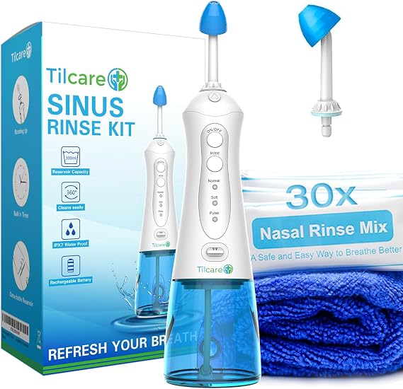 Nasal Irrigation System by Tilcare - Perfect Nasal Rinse Machine for Sinus & Allergy Relief - Electric Neti Pot for Nasal Irrigation to Cleanse Your Stuffy Nose -  with a Towel and 30 Salt Packs
