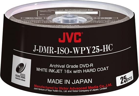 JVC ISO ARCHIVAL Grade DVD-R Made in Japan White Inkjet 16x Hard Coat 25 Pack Part# J-DMR-ISO-WPY25-HC