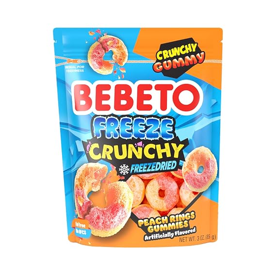 Kervan Freeze-Dried Gummy Peach Rings, Crunchy Candy, 3 oz