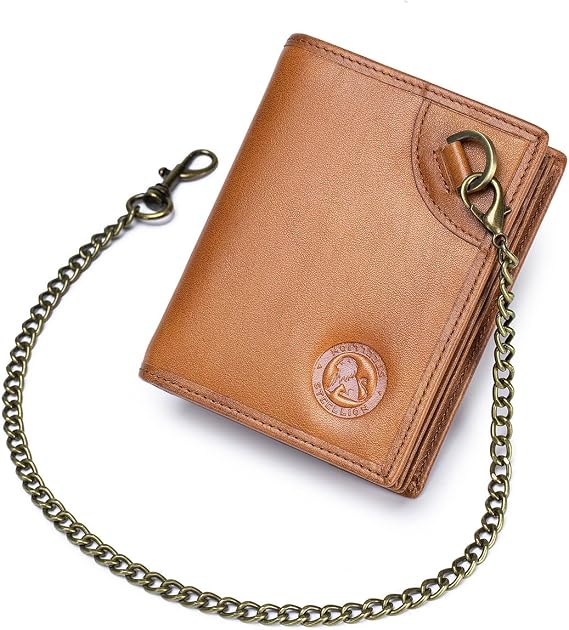 Men's Genuine Leather Wallet with 16 Card Slots RFID Blocking ID Window Steel Lion Embossed Design Vertical Bifold Wallet Vintage D-Ring Classic Style Practical Design, Braun