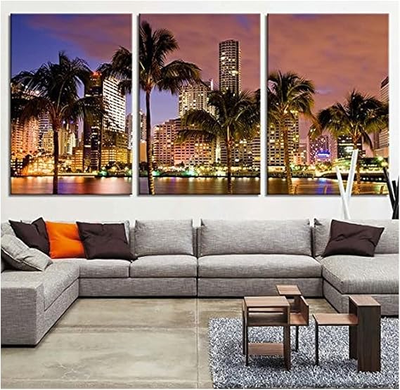 TANDA Large Art Canvas Print Miami Beach Skyline Night Cityscape Miami City Canvas Print Miami Night Art Canvas Print Unsleep City Ny City 20 Inch Each Panel 60 Inch Total