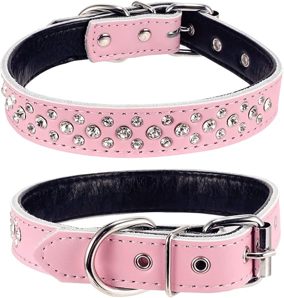Rhinestones Dog Collar, Adjustable Sparkly Crystal Studded Genuine Leather Pet Dog Collar for Small and Medium Breeds (S fit Neck 11-13", Pink)