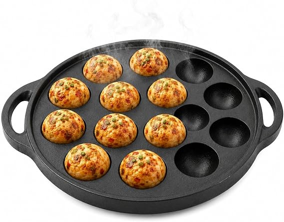 Cabilock 15-Hole Cast Iron Takoyaki Pan, Black Multi-Cavity Cooking Pan
