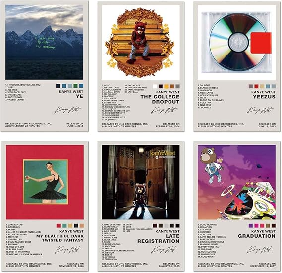 Kanye West Poster Set of 6 Album Cover Posters Music Posters for Room Aesthetic Music Album Wall Art for Teens Room Decor 8x12inch Unframed