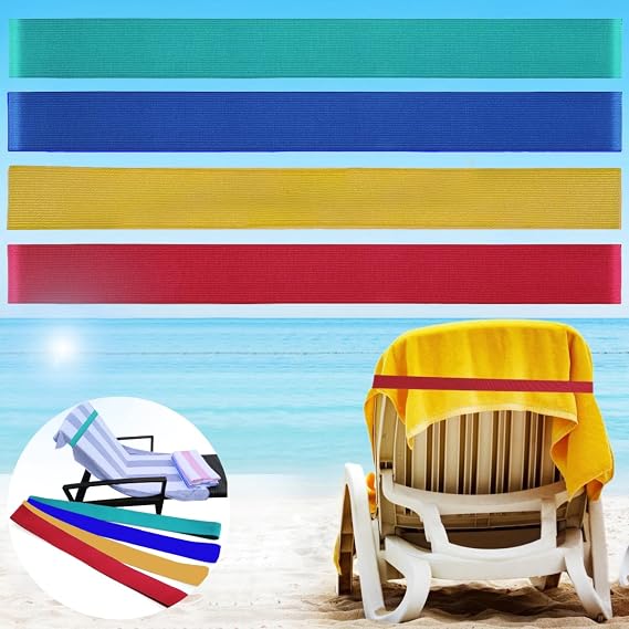Towel Bands (4 Pack), Cruise Ship & Beach Essentials Better Than Clips | Beach,Pool & Cruise Chairs, Windproof Elastic Straps Stretch Extra Durable, Summer Travel Vacation Accessories(4 colors)