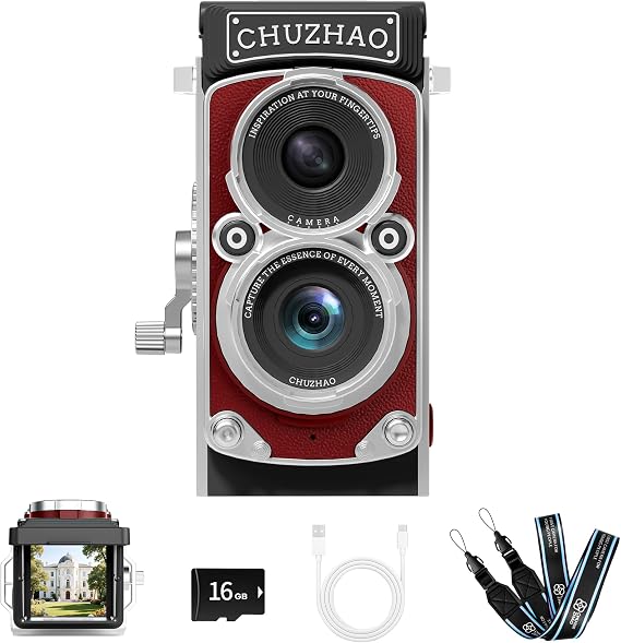 CHUZHAO Vintage Mini Digital Camera, Portable TLR Style Retro Point and Shoot Compact Small Pocket 1080P FHD Video 12MP Autofocus Vlogging Camera with 16 GB Card for Beginners Teens Adults Red