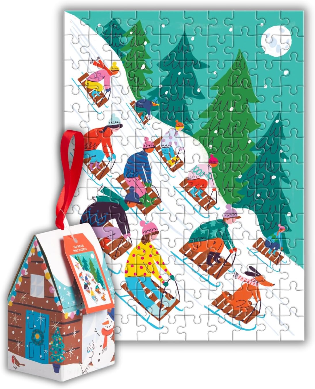 Galison Winter Sledding – 130 Piece House Shaped Puzzle Ornament Featuring Alpine Themed House and Winter Sledding Scene