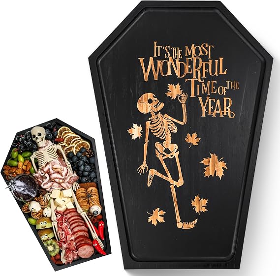 Webake Large Coffin Charcuterie Board - New Skeleton Design, 16.5" x 11.5" Spooky Serving Tray for Ample Food Display, Halloween Wooden Meat & Cheese Board, Perfect Spooky Gothic Decor