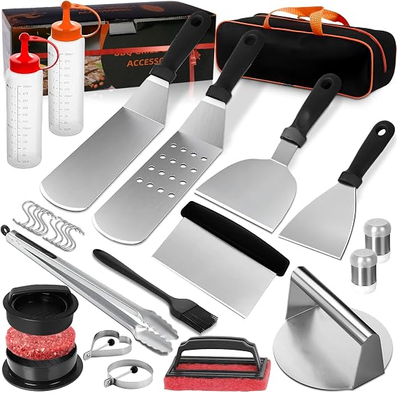 27Pcs Griddle BBQ Accessories, Professional Stainless Steel Barbecue Utensils Set with Burger Press, Spatulas, Egg Rings,Cleaning Tool & Carry Case, Outdoor Cooking Gift for Men Dad BBQ Lovers