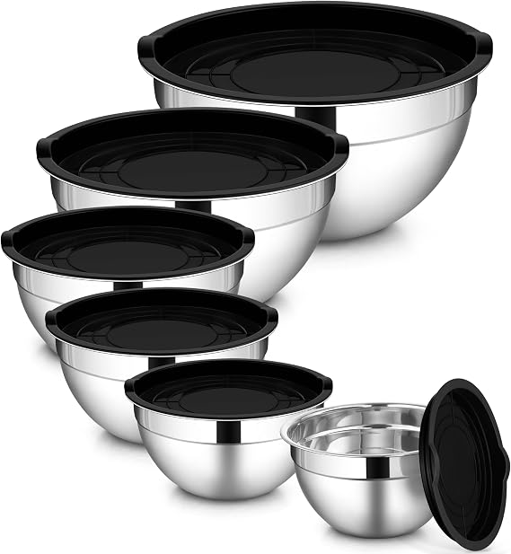 LIANYU Mixing Bowls with Lids Set of 6, Stainless Steel Nesting Metal Bowl