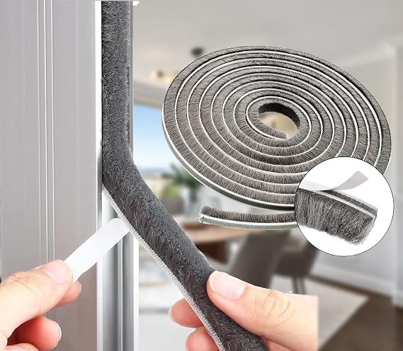 Weather Stripping Door Seal Brush for Sliding Windows/Doors Frame Side,Pile Self Adhesive Weatherstrip Seal Strip Soundproof Sealer Draft Stoppers(33ft 0.35''Wide x 0.2''Thick, Gray)