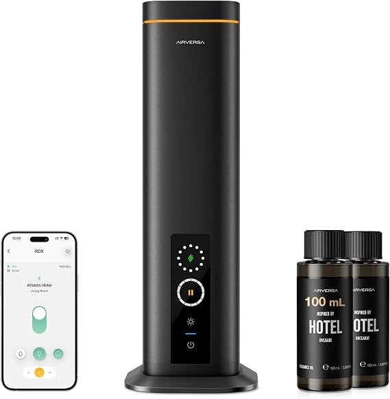 Airversa RDX Smart Waterless Diffuser Starter Kit for Room, Black | 2x100mL Hotel Scent Fragrance Oil, Up to 1500 sq ft, App Control, 300mL, DC-12V/1A Adapter, Scent Air Machine, RDXkit-2X100