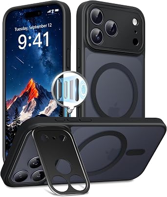 GolbinBox for iPhone 17 Pro Case with Stand,Compatible with MagSafe,[Camera Control][Military Drop Protection] Shockproof Slim Translucent Matte Phone Cover for iPhone 17 Pro 6.3",Black