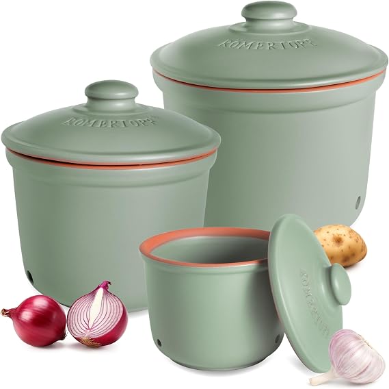 Romertopf Potato Pot Onion Pot Garlic Pot Set of 3 Green Vented ceramic pots in MINI MAXI and MAXI PLUS for dark storage of potatoes onions and garlic hand wash