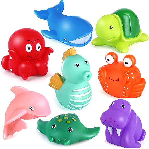 LotFancy Bath Toys, 8 Pack Mold Free Bath Toys for Kids Ages 1-3, No Holes Baby Bath Toys for Toddlers 2-4, Ocean Sea Animal Bathtub Toys, Soft Floating Pool Water Table Toys