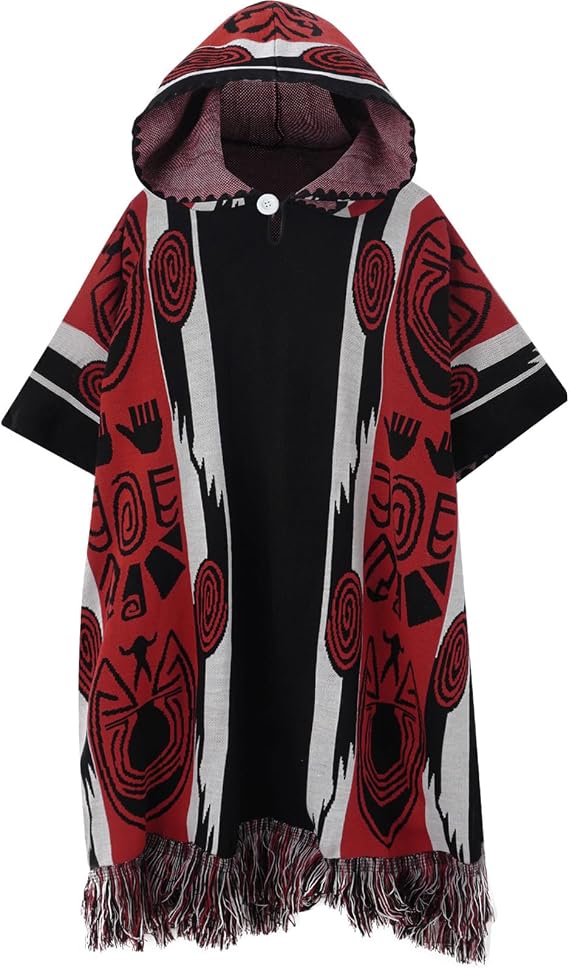 Mexican Knit Poncho Sarape Western Vintage Hippie Shawl With Hood Blanket Sleeveless Cloak Outfit