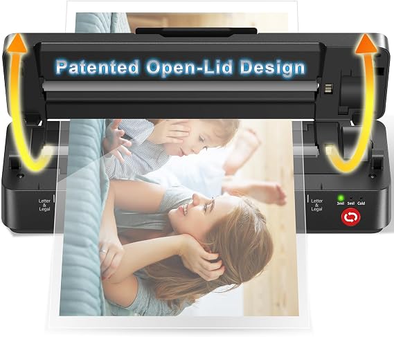 Gasbye 9-Inch Thermal Laminator Machine, World's First Open-Lid Design, Remove Jam in 5s, Auto Shut-Off, NTC Temperature Control, 5 Laminating Sheets for Teacher School Home Office Personal, Black