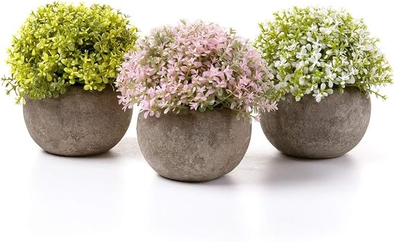 T4U Mini Artificial Plants in Grey Pot, Plastic Fake Green Colorful Flower Topiary Shrubs for Home Office Wedding Decoration Set of 3