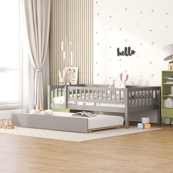 Bellemave Twin Bed Frames with Rails for Kids, Twin daybed Frame with Trundle for Boys/Girls/Adults,Gray