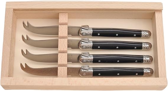 Jean Dubost 4 Cheese Knives In Wood Box, Black