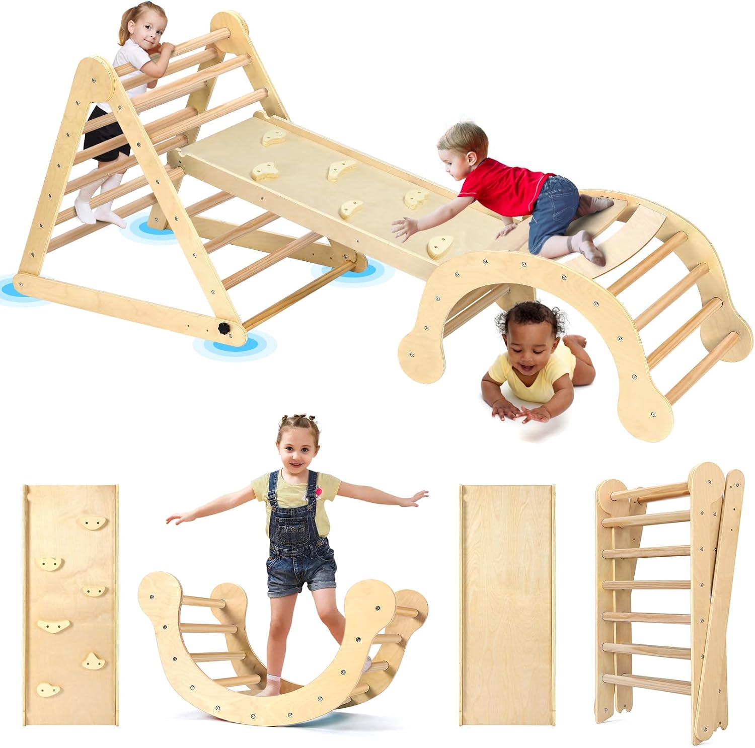 YOLEO Pikler Triangle Set, Foldable 7-in-1 Montessori Climbing Set Fun Baby Pickler-3 Piece Climbing Jungle Gym and Indoor Playground Climbing Toys for Toddlers 1-3 Inside Natural, Advanced Version