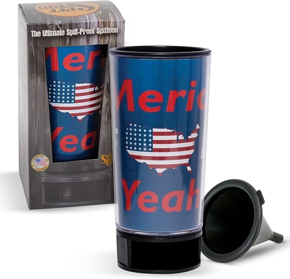 Merica F$%k Yeah by Spit Bud - The Ultimate Spittoon for Chew - Portable Dip & Snuff Cup with Lid, Pop Tab, Spill-Proof Funnel, Can Cutter & Holder - Fit in Cup Holders - Holds 8oz - Made in USA