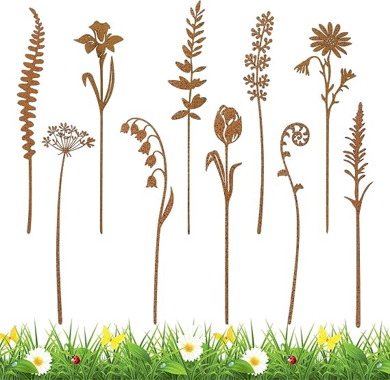 Pack of 10 Garden Stakes Rust Garden Decoration for Outdoor Plant Stakes Decorative Flower Stakes Rust Decoration Garden Decoration for Garden for Lawn Yard Balcony Flower Pot