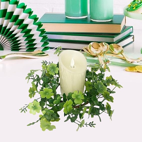 Artificial Shamrock Candle Wreaths for Pillar Candles 4 Inch Center Green Easter Rings Wreaths for Table St. Patrick's Day Clover Candle Holder for Wedding Tabletop Kitchen Spring (1)
