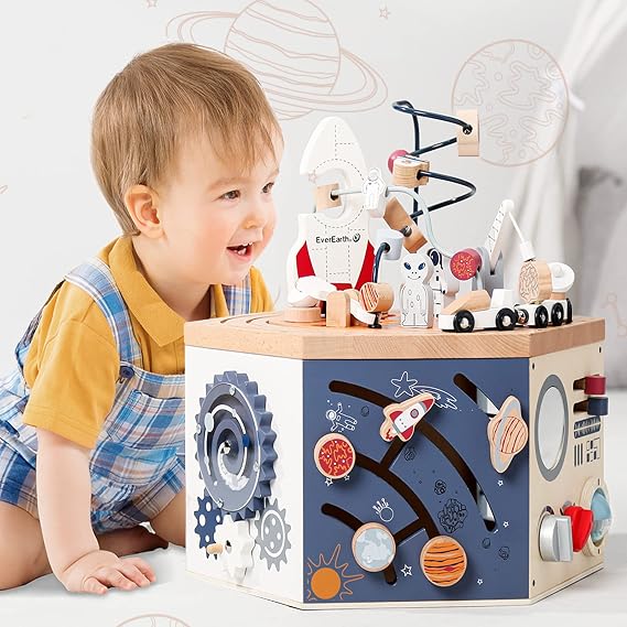 EverEarth Wooden Activity Cube with Bead Maze, Space Activity Cube for Toddlers 1-3 Girls Boys Multi Play Educational Learning Montessori Cube Toddler Toy Wood Shape Color Sorter - FSC Certified
