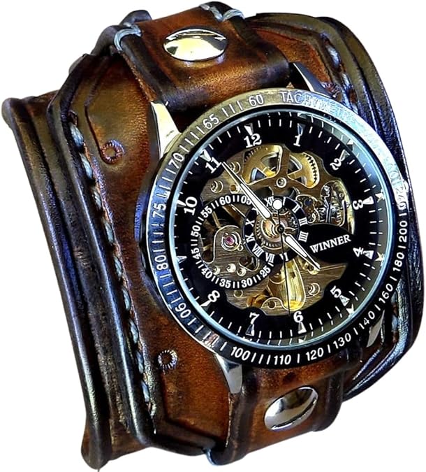 Mens Watch, Automatic watches for men, Men's Wrist Watches, Steampunk Accessories, Skeleton Vintage Watch Luxury Wristwatch Wide Leather Cuff Band Gold Mens Casual Watches Retro Wide Band Brown