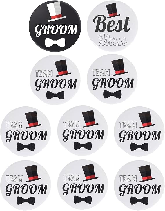 Brosash Team Groom Buttons - 1 Groom, 1 Best Man & 8 Team | Bachelor Party Favors Supplies Decorations Men Favor Kit Gifts Bridal Pin Wedding Set Bride Groomsmen Gift Ideas Engagement Accessories