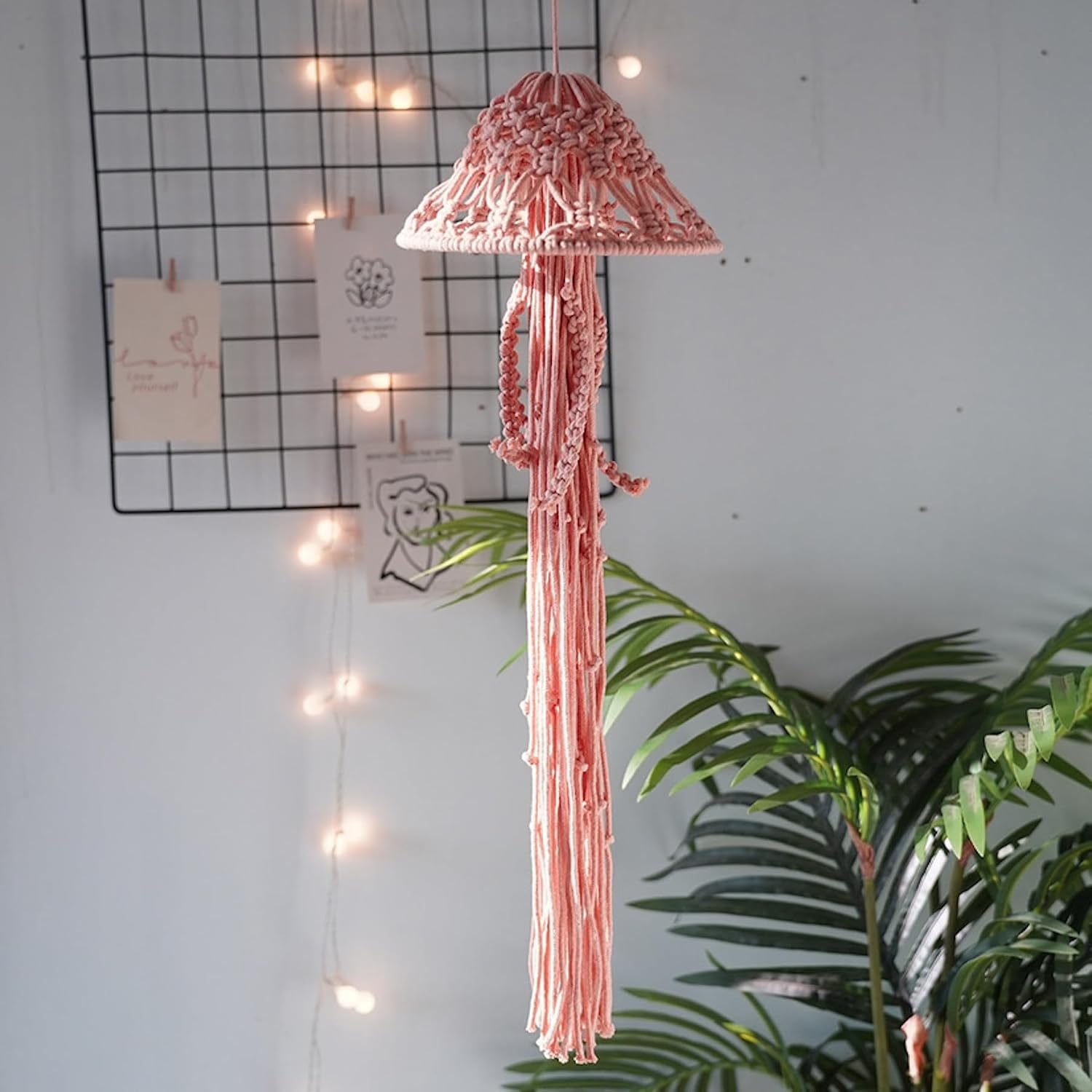 Macrame Wall Hanging,Jellyfish Dream Catcher with Star Lights,Bohemian Woven Wall Art Decor Beautiful Apartment Dorm Room Door Decoration Pink