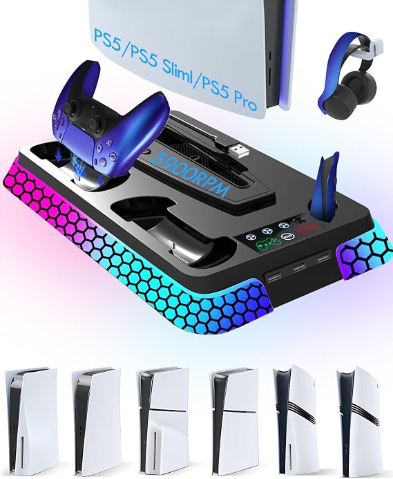 Pro Slim Cooling Station with RGB Lights,Stand Vertical Base Accessories with Silent 3-Level Cooling Fans, Dual Controller Charger and USB Hubs (Black)