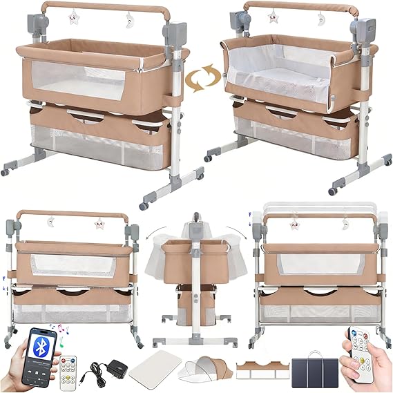 Electric Bluetooth Smart Next to Me Crib, Foldable Convertible Baby Bedside Crib, Co-Sleeping Bassinet, Infant Bedside Sleeper Cradle with Remote, 5 Swaying Gears and Music (601 Brown)