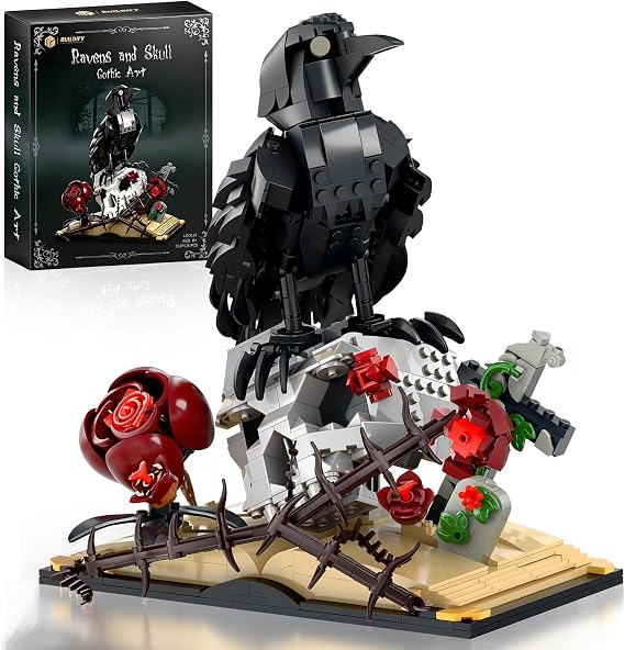 Gothic Raven & Skull Art Building Set, Skull Decor Features Ravens, Skulls, Roses, Crosses, and Books - Eye-Catching Table Centerpiece, Halloween or Birthday Gift for Adults & Kids Ages 8+ (758 PCS)