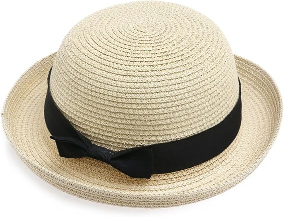 Women's Straw Hat Summer Bowler Beach Cap for Kids Small Heads Lightweight | Durable,Bowknot Design,Perfect For Sunny Days. Easy To Carry For Travel. Breathable Comfort Fits Women And Girls